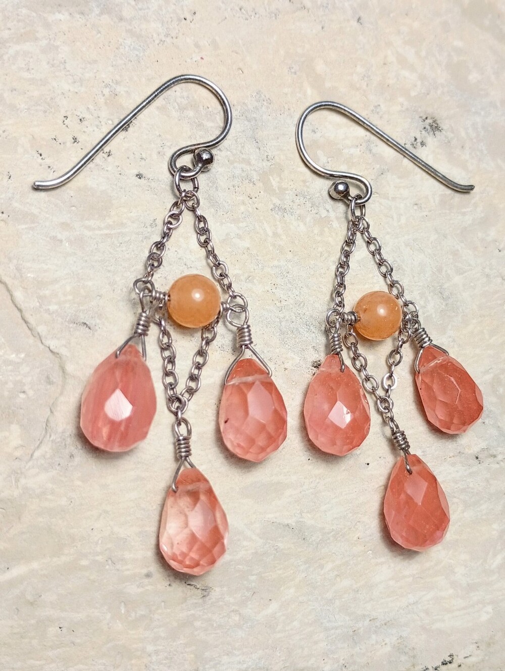 Sterling Silver Peach Moonstone & Cherry Quartz Briolette Dangle Earrings